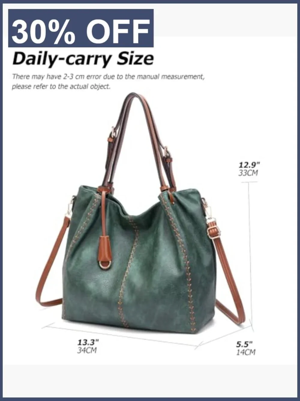 Vintage PU Leather Hobo Shoulder Bag Tote with Rivet Detail Handbag Adjustable